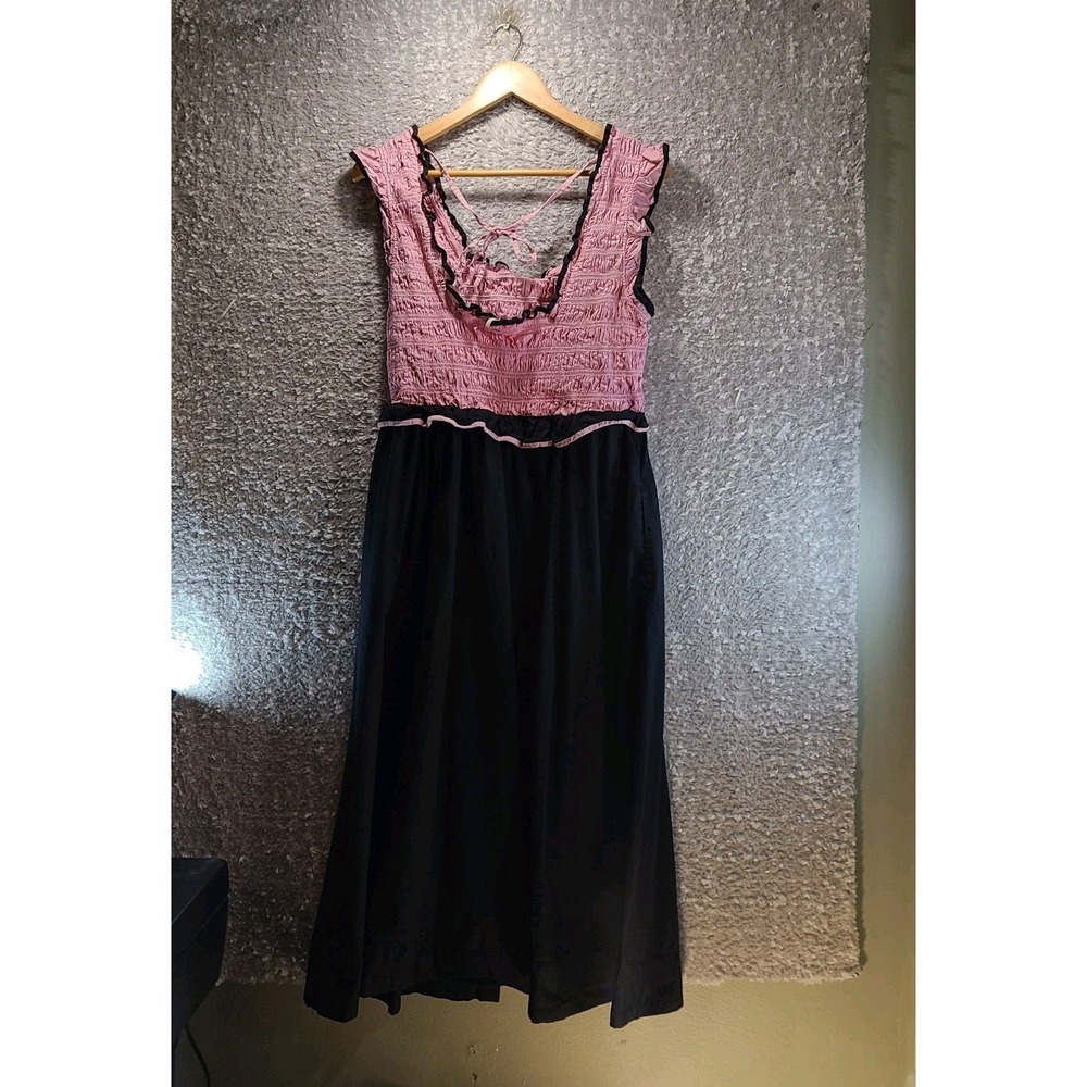 Free People Tovi Midi dress Ruffled Smocked Square Neck‎ Ruched Textured XL Pink